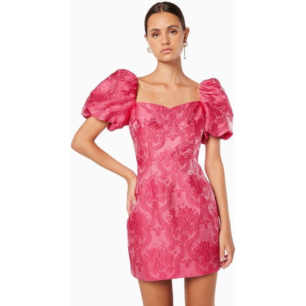 Elliatt Pink Jacquard Puff-Sleeve Mini Dress